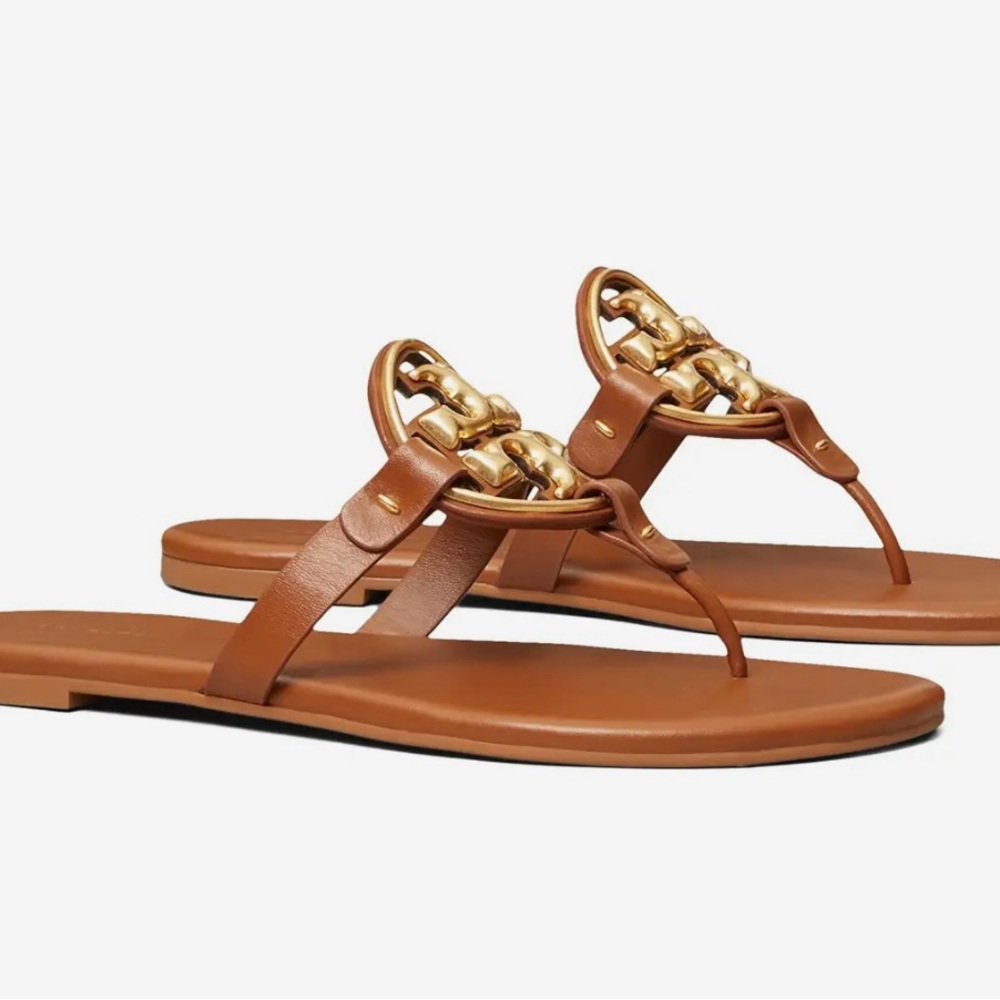 Tory Burch Brown and Gold Sandals with Medallion Detail